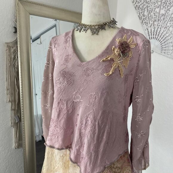 Spencer Alexis Made in USA Ethereal Pink Purple Lace Paisley Asymmetric Top 4 S - Picture 6 of 8